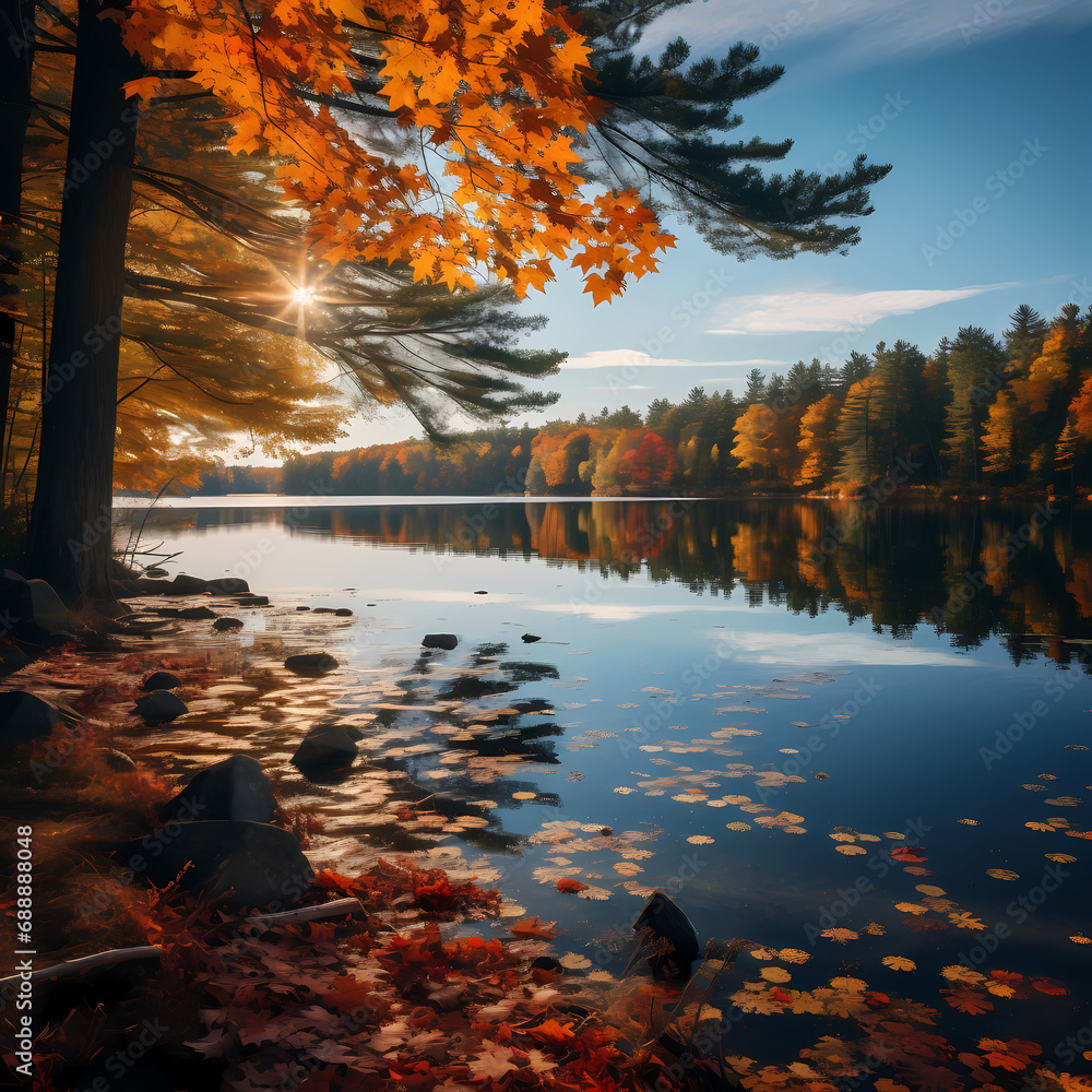 A tranquil lake surrounded by autumn trees with vibrant foliage