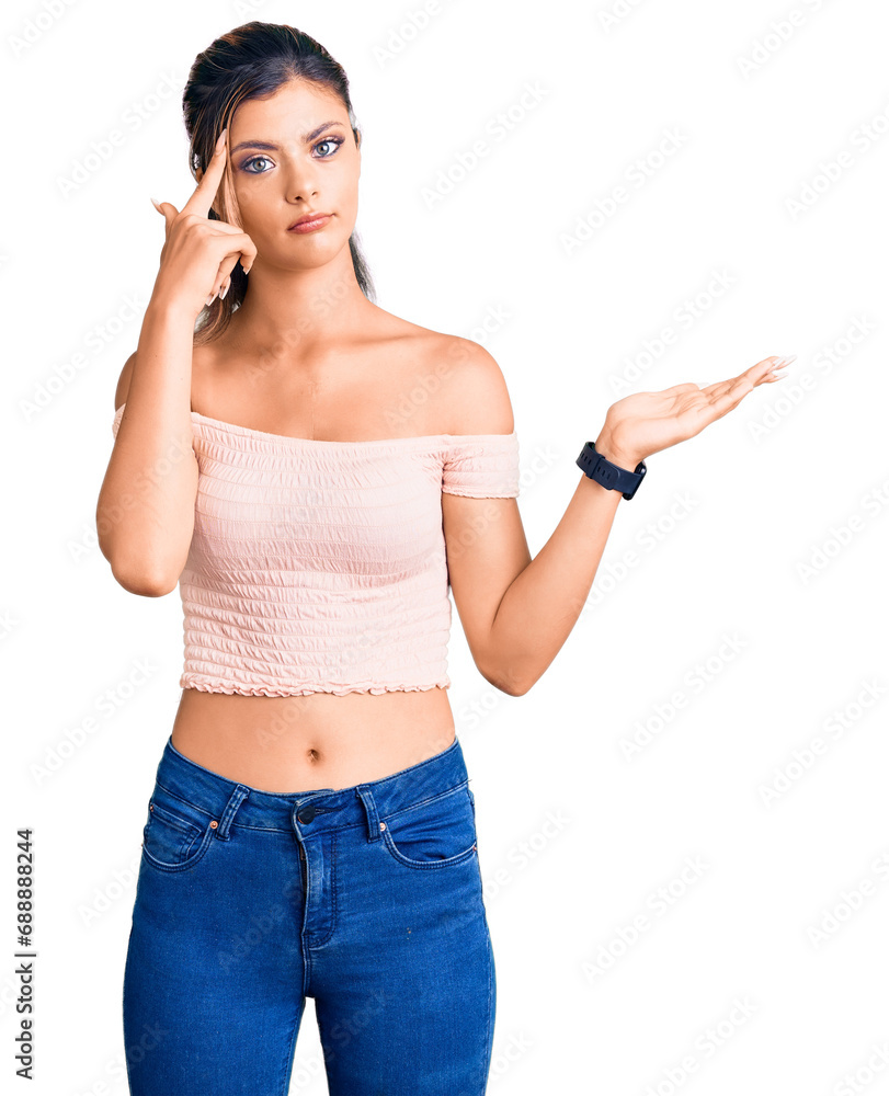 Young beautiful woman wearing casual clothes confused and annoyed with open palm showing copy space and pointing finger to forehead. think about it. Young beautiful woman wearing casual clothes confused and annoyed with open palm showing copy space and pointing finger to forehead. think about it.