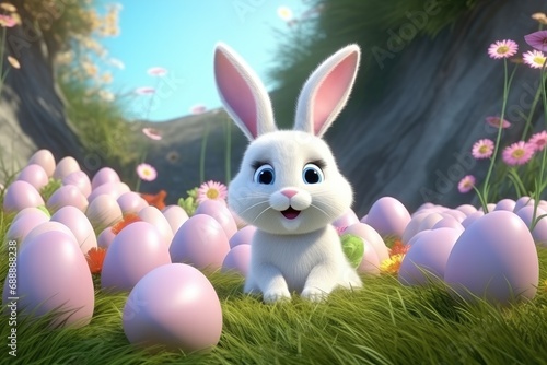 Cute Easter Bunny with easter eggs. Holiday Background Generative ai
