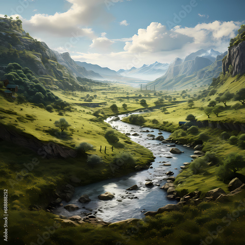 Tranquil river winding through a valley surrounded by lush greenery