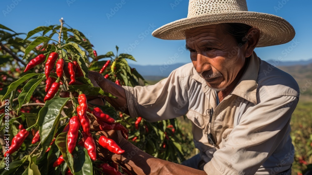 Spicy Harvest: A Mexican Farmer, Bathed in Sunlight, Inspects Rows of Chili Pepper Plants, Capturing the Essence of Traditional Agriculture and the Skill of Pepper Farming.




