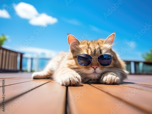 A stylish cat, wearing sunglasses, lying on o wodden deck, under the sun