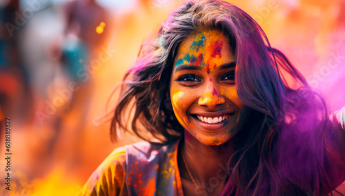 Dancing Colors of Holi: Witness the Cultural Extravaganza as a Joyful Indian Woman, with a Colored Face, Engages in Traditional Dance Amidst the Festive Celebrations.