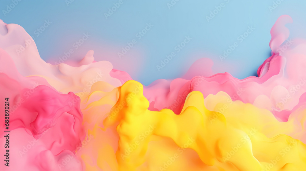 Abstract background of pink and yellow paint splashing on blue background