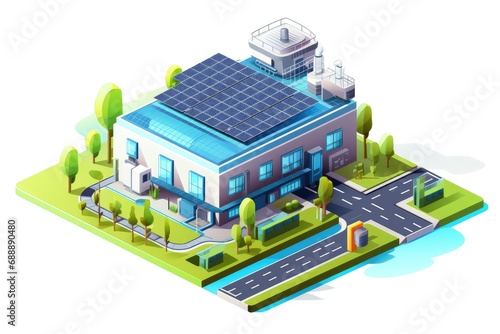 Isometric ecology small factory manufacture building with solar cell on roof for save energy system for modern industrial applications  white background.