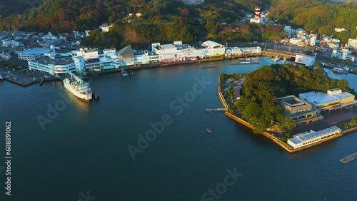 Aerial High Point of View Pan over Toba City and Mikimoto Pearl Island photo
