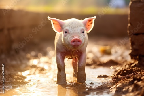 Adorable Farm Scene: A Poultry Farm Welcomes a Cute Baby Pig - A Heartwarming Display of Agriculture, Featuring Young Swine in a Cozy Barn Pen.