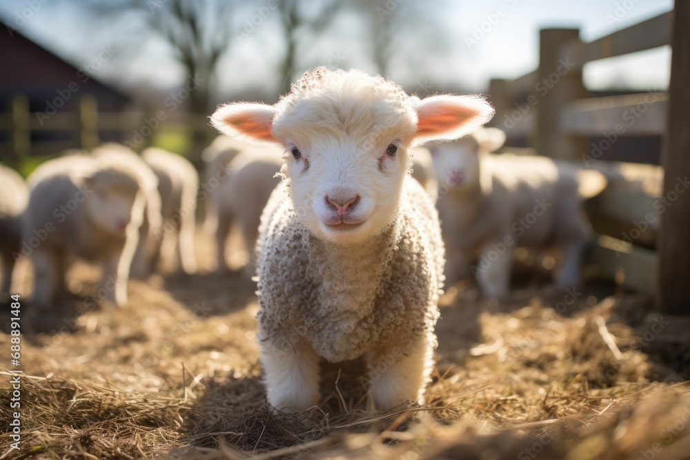 Obraz premium Charming Farm Ambiance: A Poultry Farm Welcomes a Cute Baby Sheep - A Heartwarming Display of Agriculture, Featuring Young Lambs in a Cozy Barn Pen.