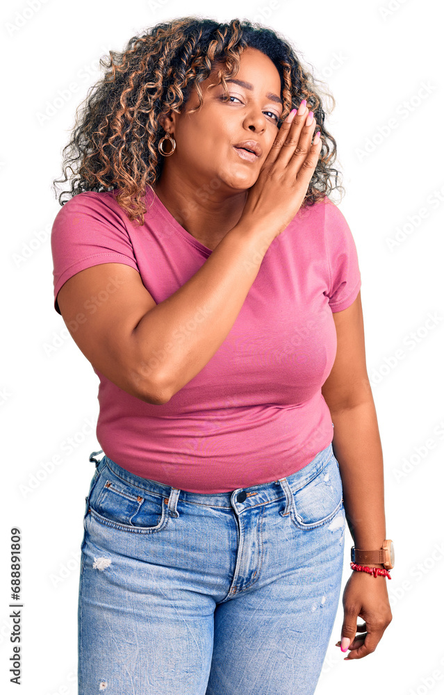 Young african american plus size woman wearing casual clothes hand on mouth telling secret rumor, whispering malicious talk conversation Young african american plus size woman wearing casual clothes hand on mouth telling secret rumor, whispering malicious talk conversation