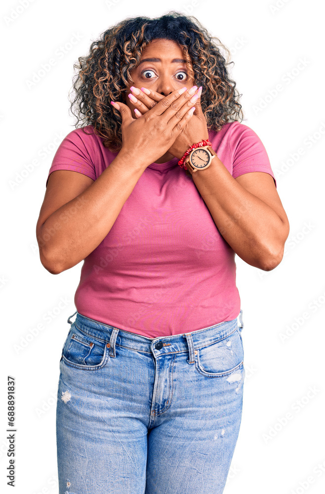 Young african american plus size woman wearing casual clothes shocked covering mouth with hands for mistake. secret concept. Young african american plus size woman wearing casual clothes shocked covering mouth with hands for mistake. secret concept.