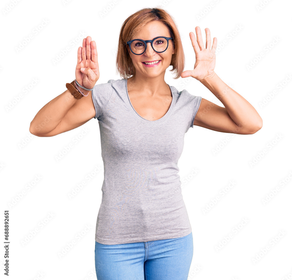 Young blonde woman wearing casual clothes showing and pointing up with fingers number nine while smiling confident and happy. Young blonde woman wearing casual clothes showing and pointing up with fingers number nine while smiling confident and happy.