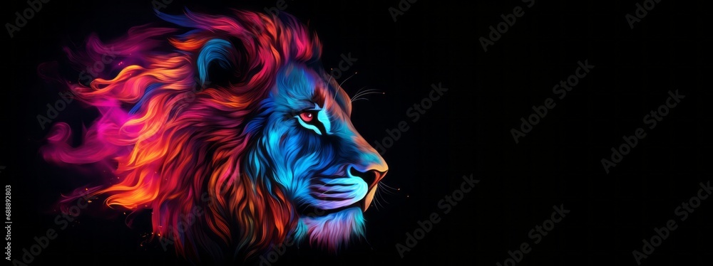 Lion. The head of a lion in a multi-colored flame. Abstract multicolored profile portrait of a lion head on a black background