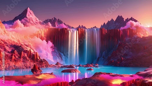 behind horizon, holographic mountain range came alive with mesmerizing display glitchedout waterfalls that seemed flow reverse, adding otherworldly feel already surreal 2d animation photo