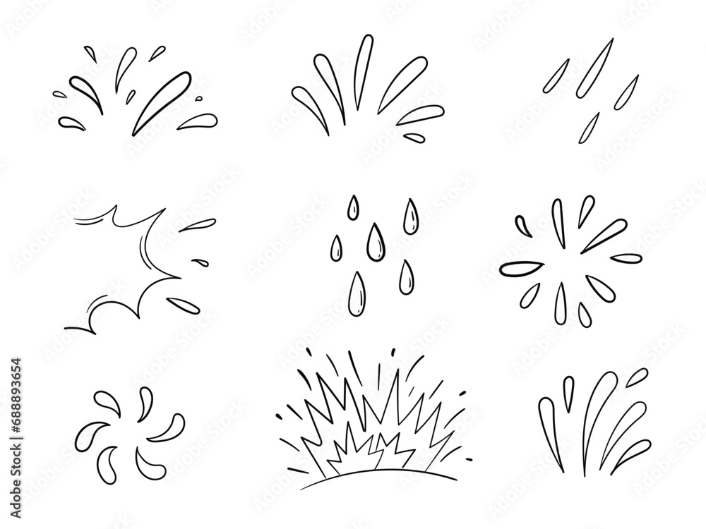 droplets, water drop icon. Hand drawn splashing liquid in doodle style