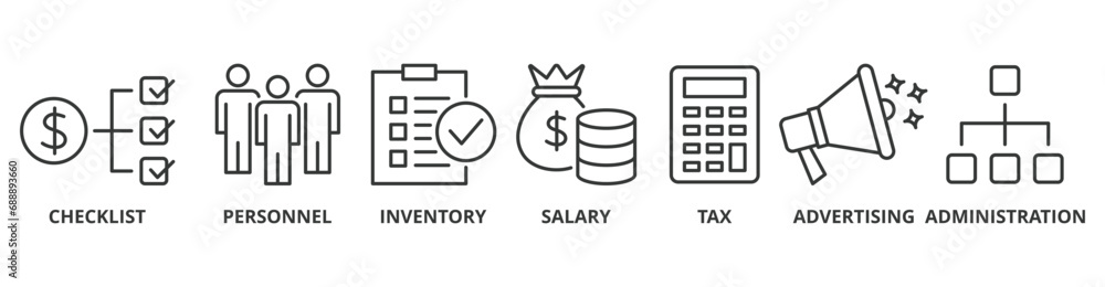 Cost reduction banner web icon vector illustration concept with icon of checklist, personnel, inventory, salary, tax, advertising and administration - obrazy, fototapety, plakaty 
