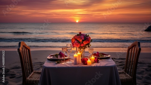 Tranquil Sunset Beach Vacation with Refreshing Evening and valentine romantic dinner generated by AI tool