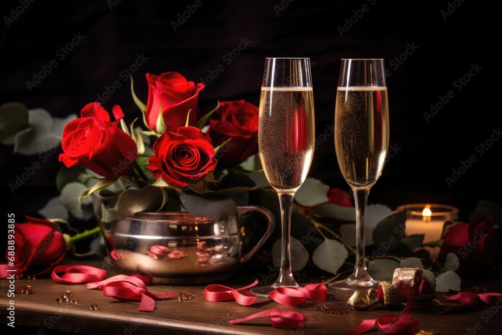Elegant Celebration: Witness the Romantic Ambiance as Champagne Glasses Await a Toast on a Dinner Table Overflowing with Roses and Valentine's Day Decorations.




