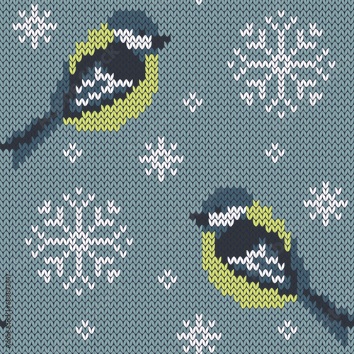 Great tit winter birds and snowflakes jacquard knitted seamless pattern. Christmas background. vector illustration.