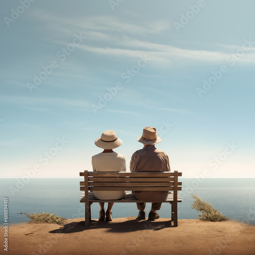  Rear view of mature couple sitting on bench overlooking the Ocean.