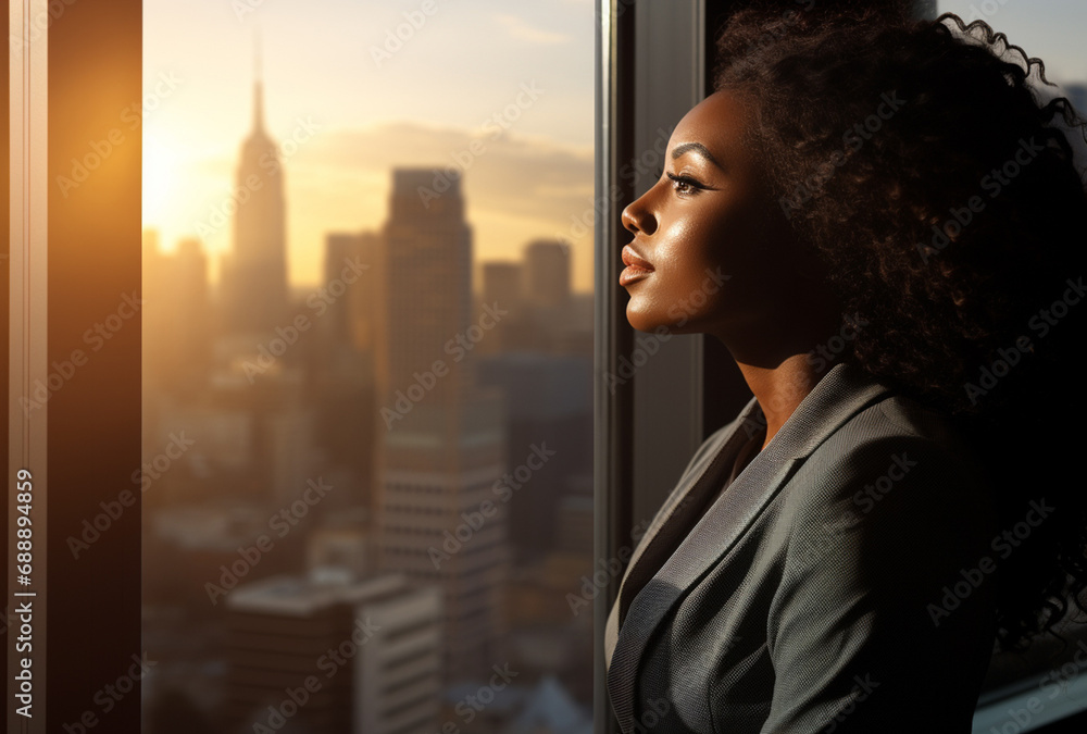 young African businesswoman, radiating joy and relaxation as she smiles against the backdrop of a sunset-lit window. Generative AI. young African businesswoman, radiating joy and relaxation as she smiles against the backdrop of a sunset-lit window. Generative AI.