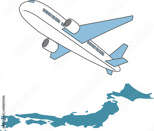 日本地図と飛び立つ飛行機