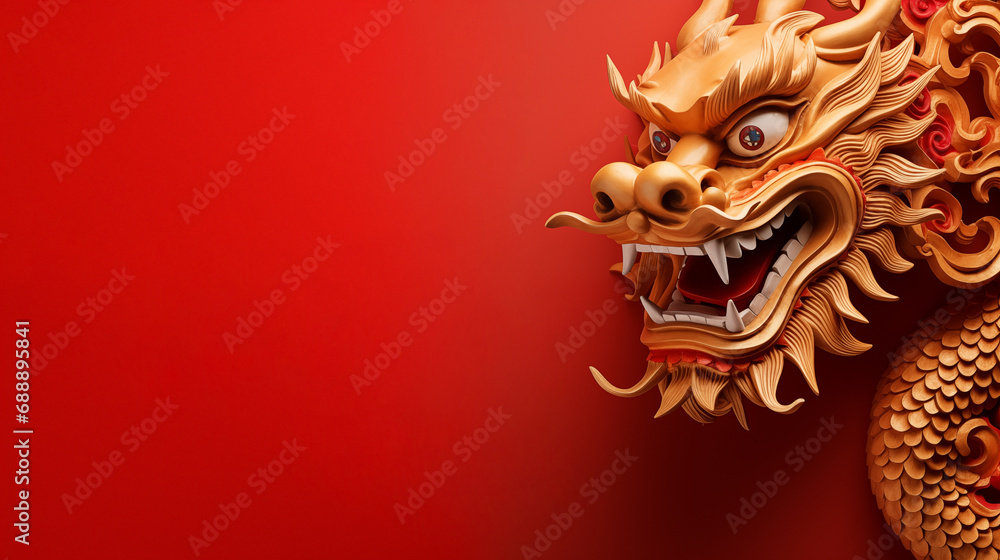 Chinese dragon for Chinese New Year. The dragon is a symbol of power, strength and good luck in Chinese culture. The dragon's mouth is open, as if it is roaring. Red copy space on the left - obrazy, fototapety, plakaty 