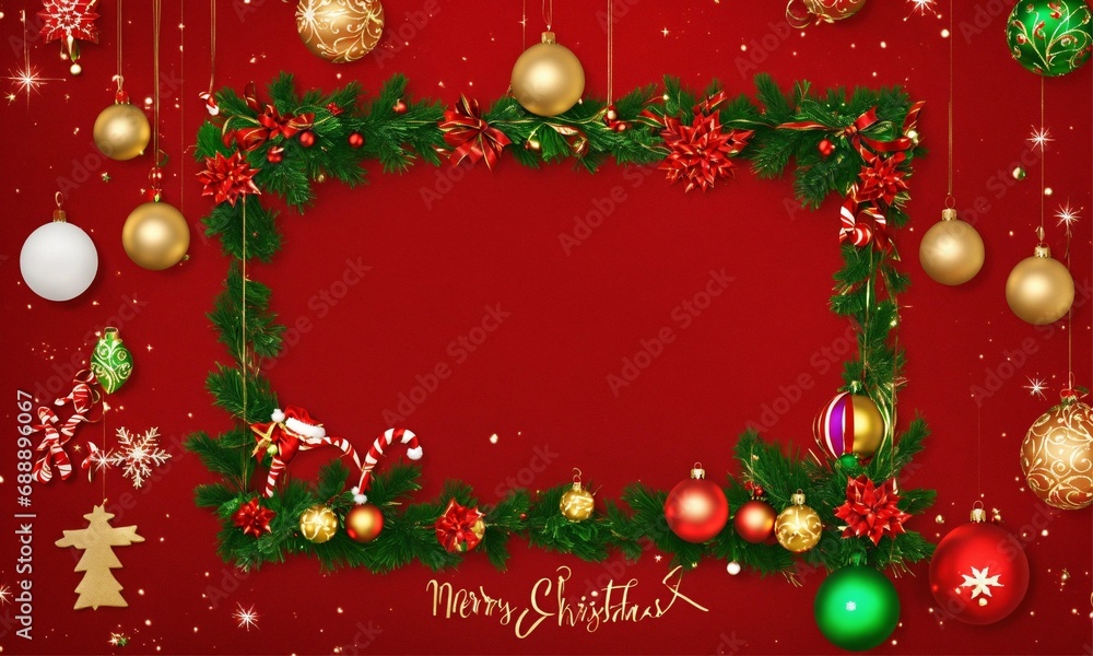Generate a christmas card on a red background and write 'merry christmas !' add christmas decorations, Generate a christmas card on a red background and write 'merry christmas !' add christmas decorations,