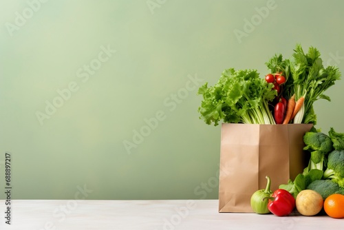 fresh food in a paper bag, copy space , generative ai