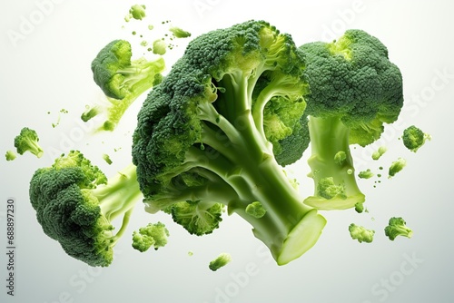 green broccoli levitating white background