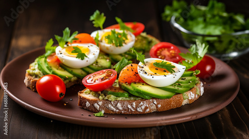 Healthy avocado egg open sandwiches on a plate on a rustic wood background