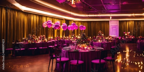 Christmas party - luxury hotel - lots of decorations - balloons - lights - couples - drinks - pink - purple - gold - dark green - 8k cinematic photo