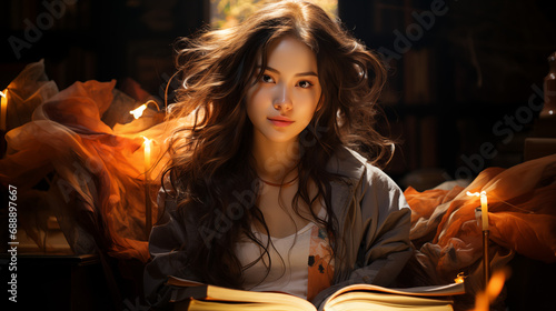 Beautiful Asian Woman Reading a Book with Natural Lighting - Photorealistic Portrait