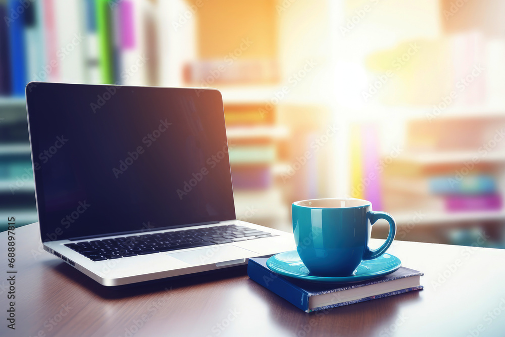 blue coffee in office background. Blue Monday concept and copy space. generative ai blue coffee in office background. Blue Monday concept and copy space. generative ai