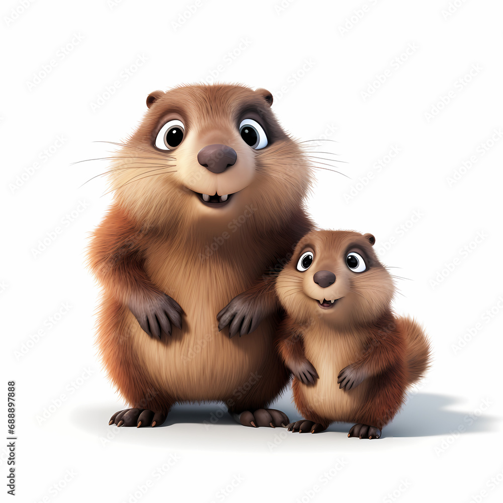 3D Happy Groundhog and Baby Adorable Pixar-Style. Generative AI 3D Happy Groundhog and Baby Adorable Pixar-Style. Generative AI