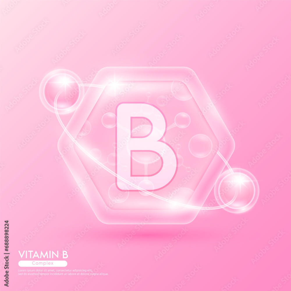 Pink molecule atom vitamin B in hexagon. Surrounded by collagen solution hyaluronic acid serum and moisturizer. Essential to the health skin care. For cosmetic beauty nutrition. Vector EPS10. Pink molecule atom vitamin B in hexagon. Surrounded by collagen solution hyaluronic acid serum and moisturizer. Essential to the health skin care. For cosmetic beauty nutrition. Vector EPS10.