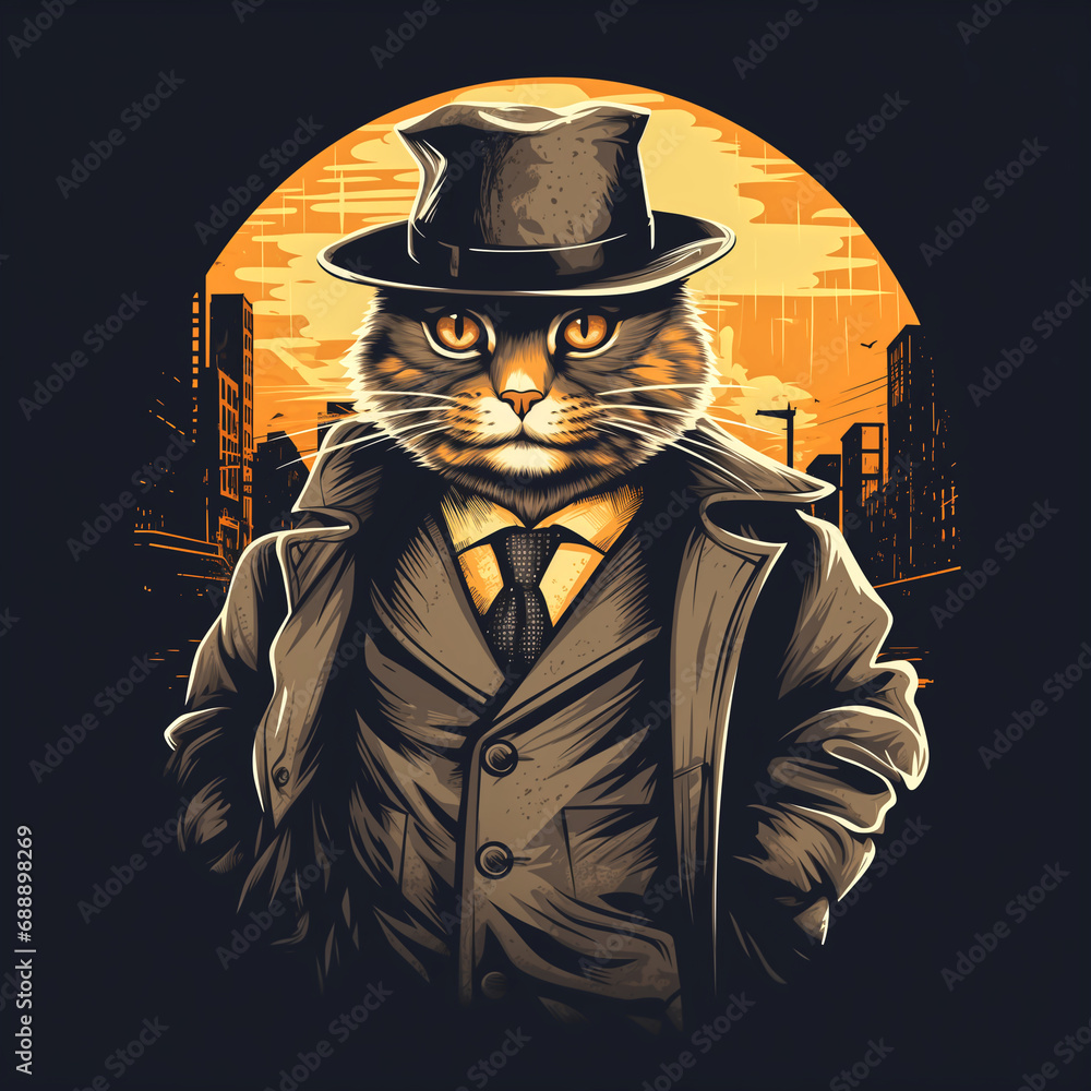 City Cat Detective T-shirt Vector