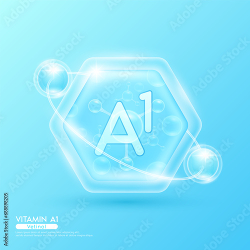 Biue molecule atom vitamin A1 in hexagon. Surrounded by collagen solution hyaluronic acid serum and moisturizer. Essential to the health skin care. For cosmetic beauty nutrition. Vector EPS10.