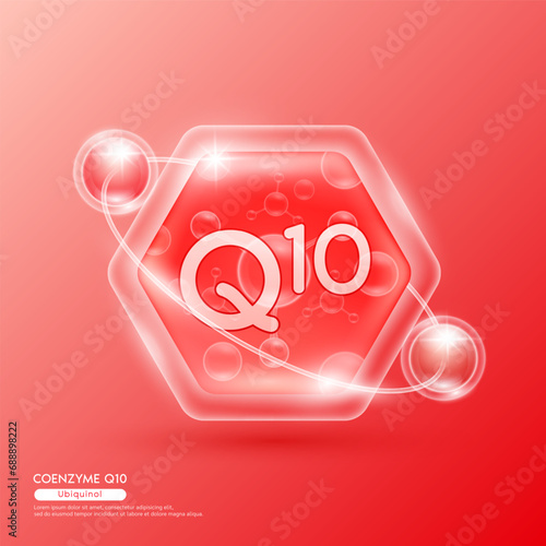 Red molecule atom Coenzyme Q10 or Ubiquinol in hexagon. Surrounded by collagen solution hyaluronic acid serum and moisturizer. Essential to the health skin care. For cosmetic beauty nutrition. Vector. photo