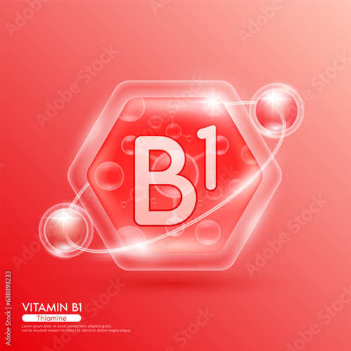 Red molecule atom vitamin B1 in hexagon. Surrounded by collagen solution hyaluronic acid serum and moisturizer. Essential to the health skin care. For cosmetic beauty nutrition. Vector EPS10.