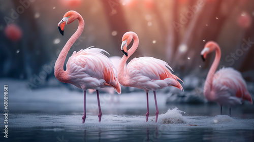 Flamingo birds standing in a lake  AI Generative.