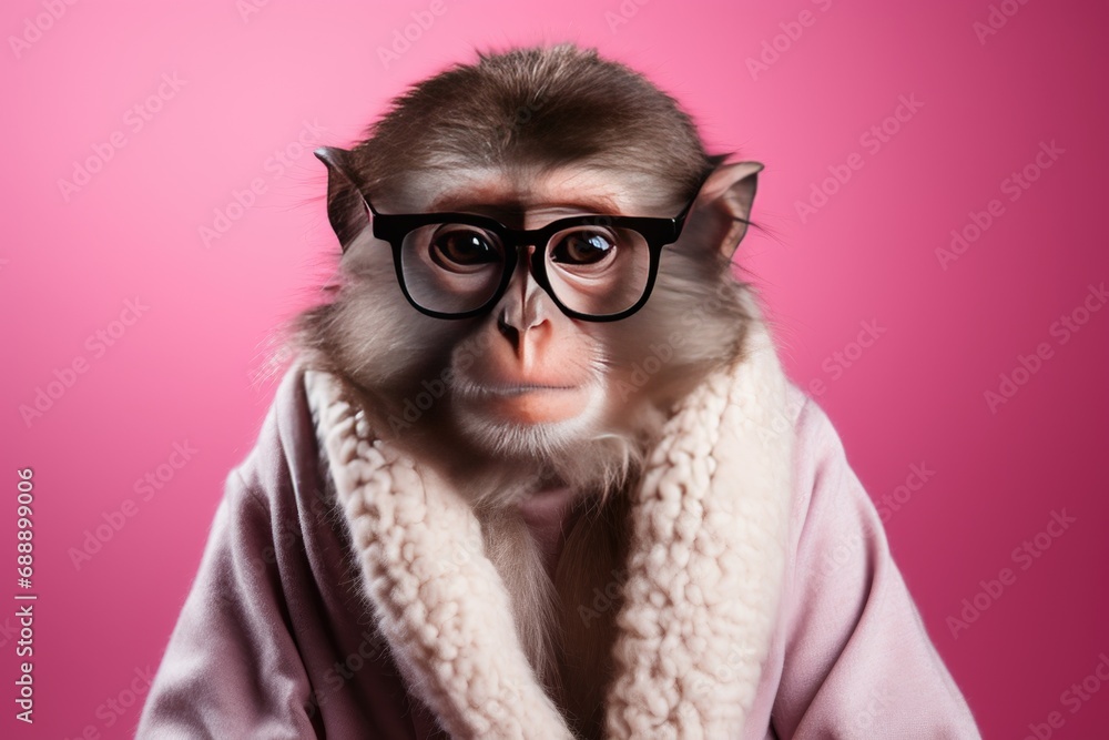A monkey in a housecoat and glasses on a pink background.