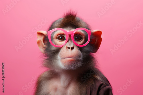 A serious monkey with glasses on a pink background. photo