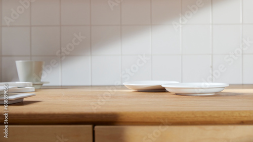 Wallpaper Mural A sunny kitchen with white tile walls, a wooden table and sink. Torontodigital.ca