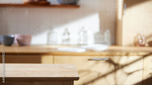 Wallpaper Mural A sunny kitchen with white tile walls, a wooden table and sink. Torontodigital.ca