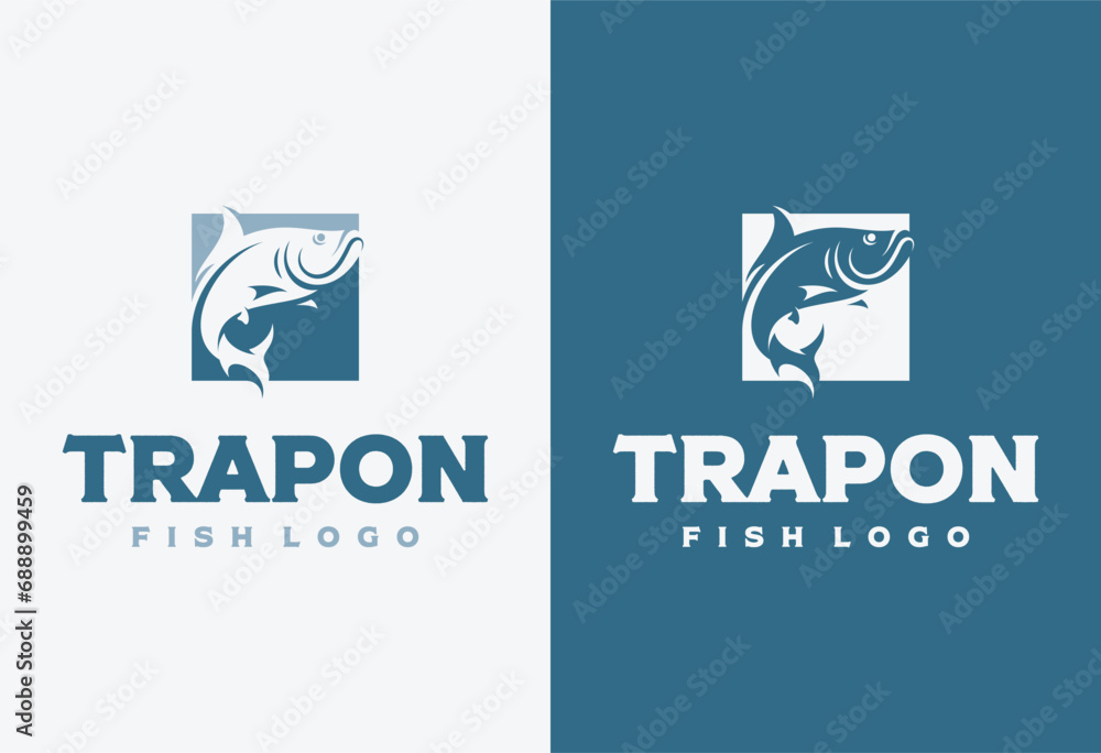 jumping tarpon fish logo design vector illustration - obrazy, fototapety, plakaty 