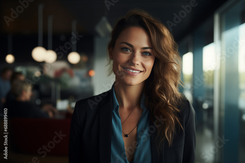 attractive long hair business woman looking at camera smiling in office