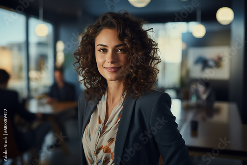 attractive business woman looking at camera smiling in office