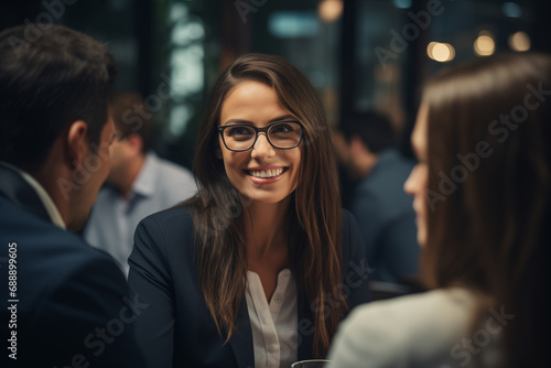 businesswoman smiling at table while having coffee conversation together with team