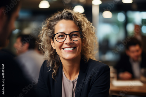 businesswoman smiling at table while having coffee conversation together with team