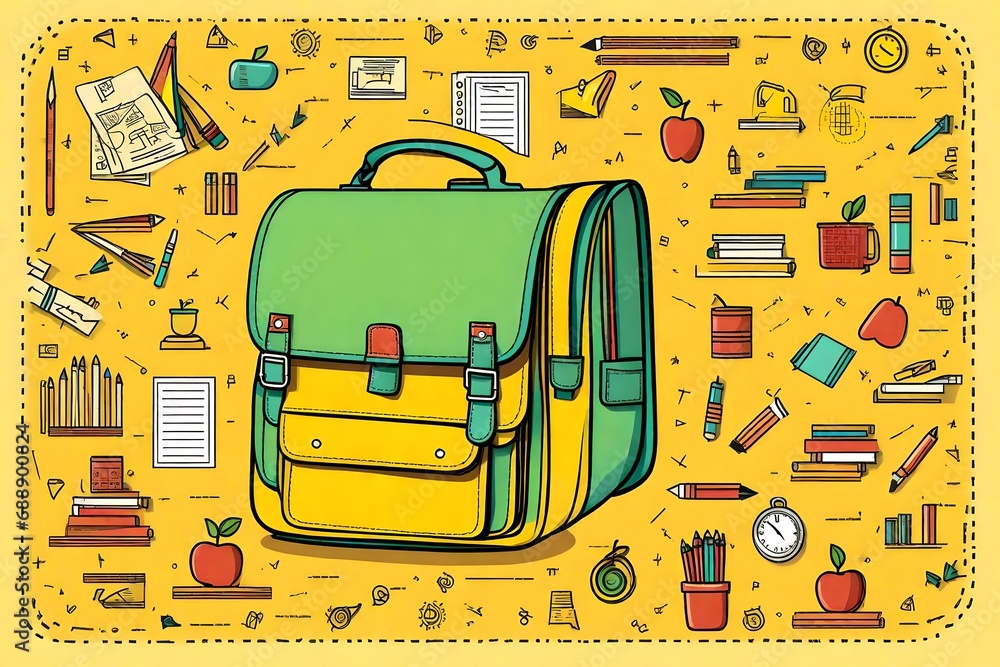 Back to School web template. Yellow school bag, checkered paper background with doodle drawing. Vector illustration
